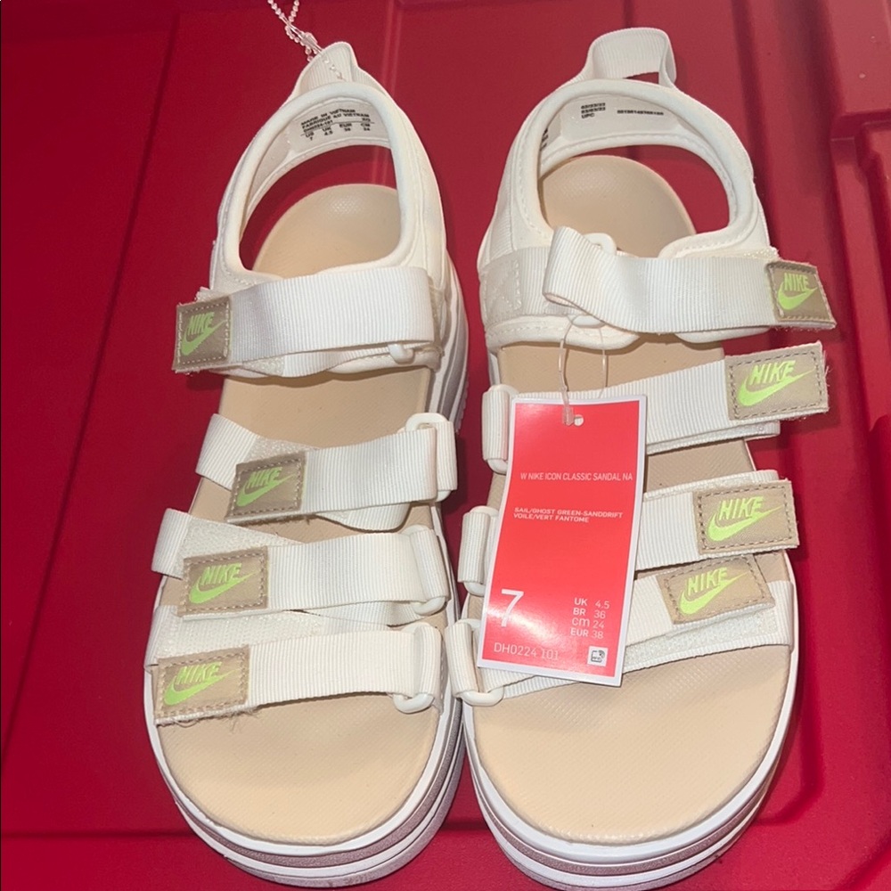 Nike White and Cream Sandals with Velcro Straps and Thick Sole